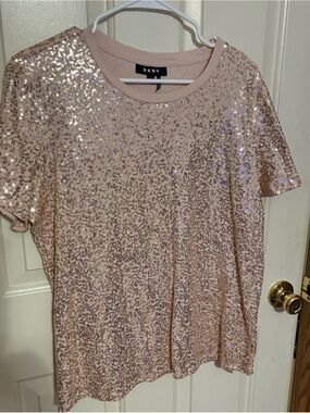 DKNY Women's Rose Gold Sequin Short Sleeve Tee pink tee XL